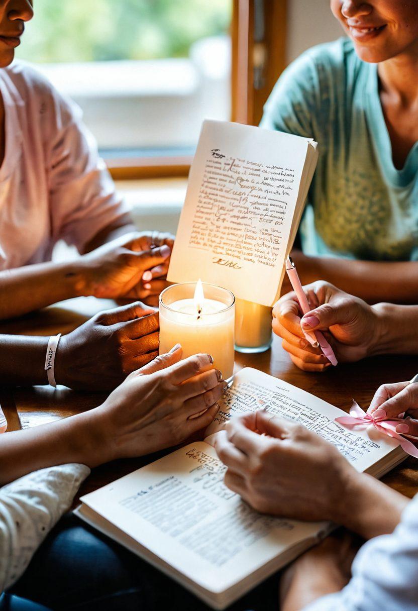 A warm and inviting scene depicting diverse cancer survivors sharing their personal stories in a cozy support group setting. The room is filled with natural light, adorned with encouraging artwork and motivational quotes. Close-up images of hands holding supportive objects like a journal, a candle, and a ribbon symbolize hope and resilience. Include a soft color palette to evoke feelings of comfort and community. vibrant colors. soft focus.