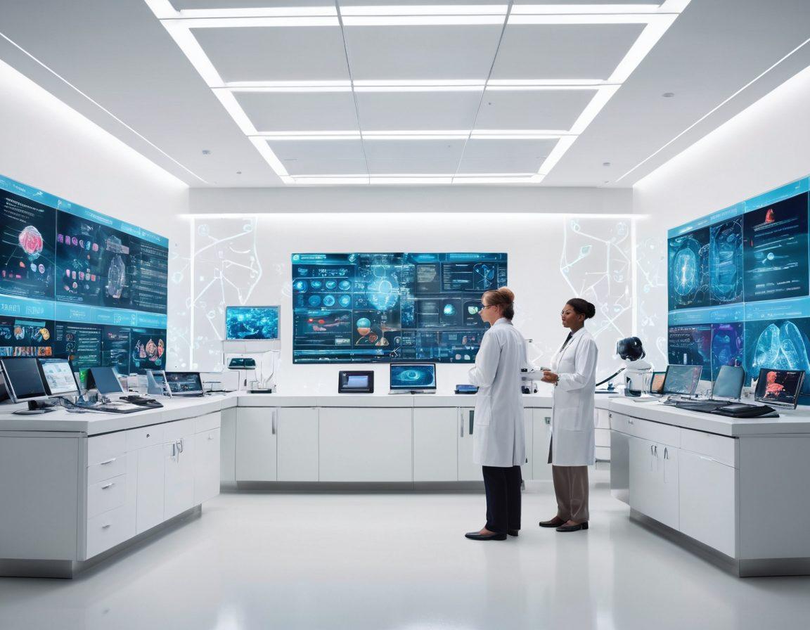 A futuristic laboratory where scientists are collaborating with compassionate healthcare providers, surrounded by holographic displays of innovative cancer treatments and research data. Incorporate imagery of diverse professionals working together, with a background of DNA strands and healing symbols. Bright, hopeful lighting to convey the message of hope and innovation. super-realistic. vibrant colors. white background.